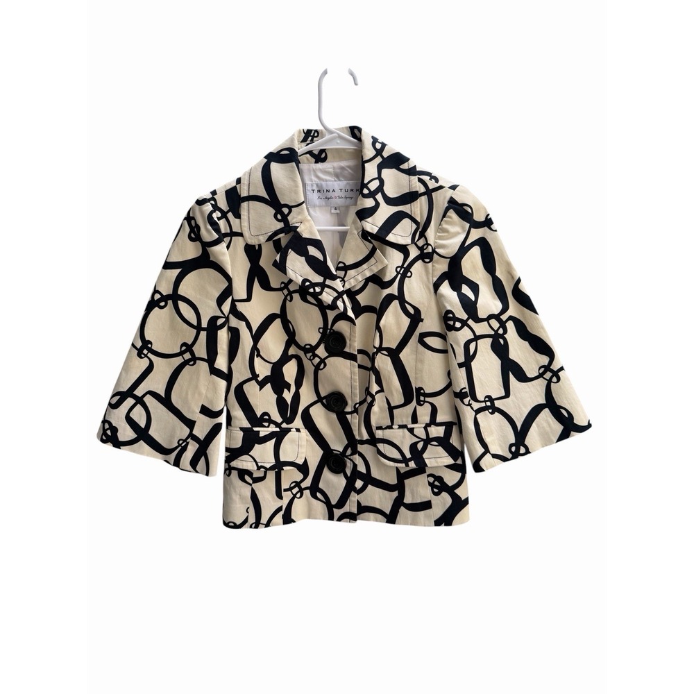 Trina Turk Women's 4 Blazer Cream Black Abstract Chain Print Jacket Workwear